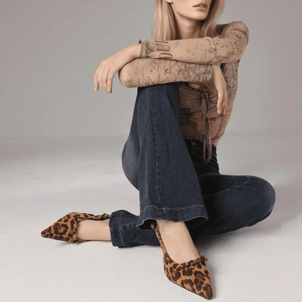 Women's Leopard Slingback Kitten Heels Bow Ankle Strap Pointed Toe Heel Sexy